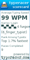 Scorecard for user 6_finger_typist