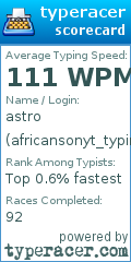 Scorecard for user africansonyt_typing