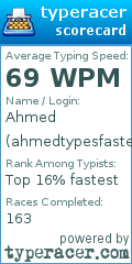 Scorecard for user ahmedtypesfaster