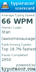 Scorecard for user awsomesausage