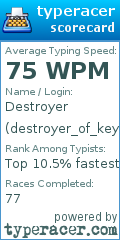 Scorecard for user destroyer_of_keyboards