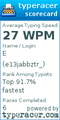 Scorecard for user e13jabbztr_