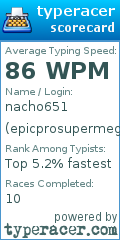 Scorecard for user epicprosupermega300wpm