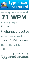 Scorecard for user fightinggoldbutcoda