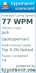 Scorecard for user jacktypeman