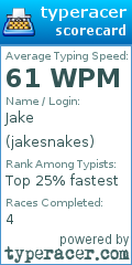 Scorecard for user jakesnakes