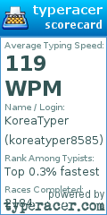 Scorecard for user koreatyper8585