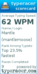 Scorecard for user mantlemoose