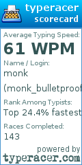 Scorecard for user monk_bulletproof