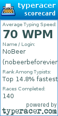 Scorecard for user nobeerbeforevier