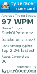 Scorecard for user sackofpotatoez