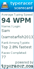 Scorecard for user samstarfish2013