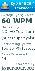 Scorecard for user superdupertypist