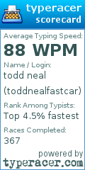 Scorecard for user toddnealfastcar