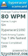 Scorecard for user typeracer2109