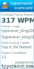Scorecard for user typeracer_king228