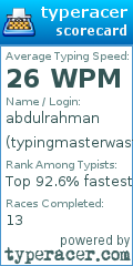 Scorecard for user typingmasterwastaken
