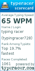 Scorecard for user typingracer728