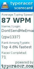 Scorecard for user zpw1337